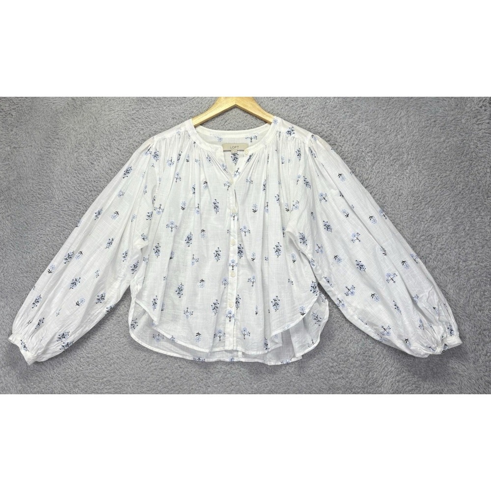 LOFT Womens XS White Blue Floral Blouse Cotton Balloon Sleeve Boho Button Front